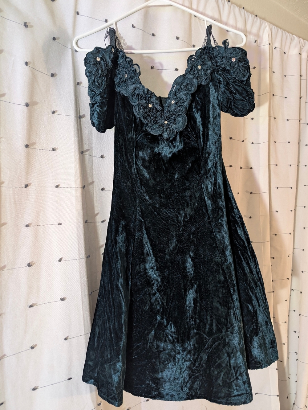 Roberta Dark Teal Velvet Off-Shoulder Dress With Crinoline   Size 3/4